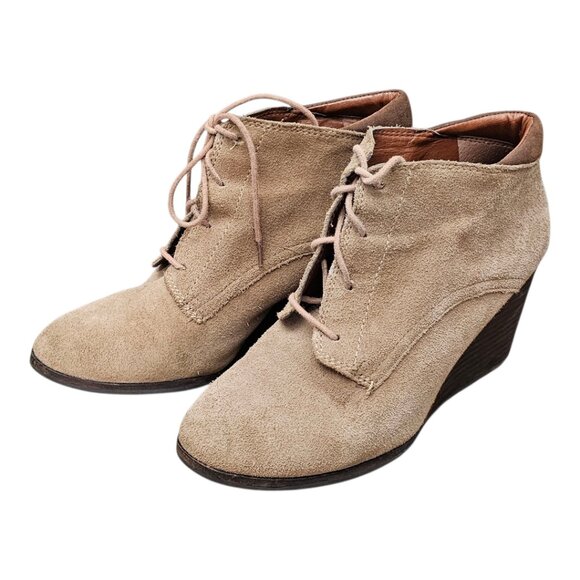 Lucky Brand Sumba Lace-up Suede Wedge Tan Ankle Bootie Boots - Picture 3 of 9